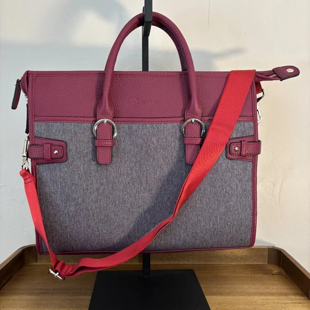 Setton Gray Fabric Burgundy Faux Leather Laptop Bag